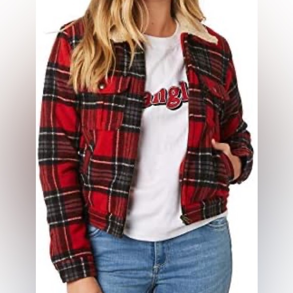 Christopher & Banks NWT Red Plaid Snap Front Jacket with Cream Sherpa Collar - Picture 1 of 12